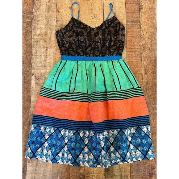 Tracy Reese Easy Frock Mosaic Stripe Fit Flare Dress 4P Silk Linen - Picture 6 of 10